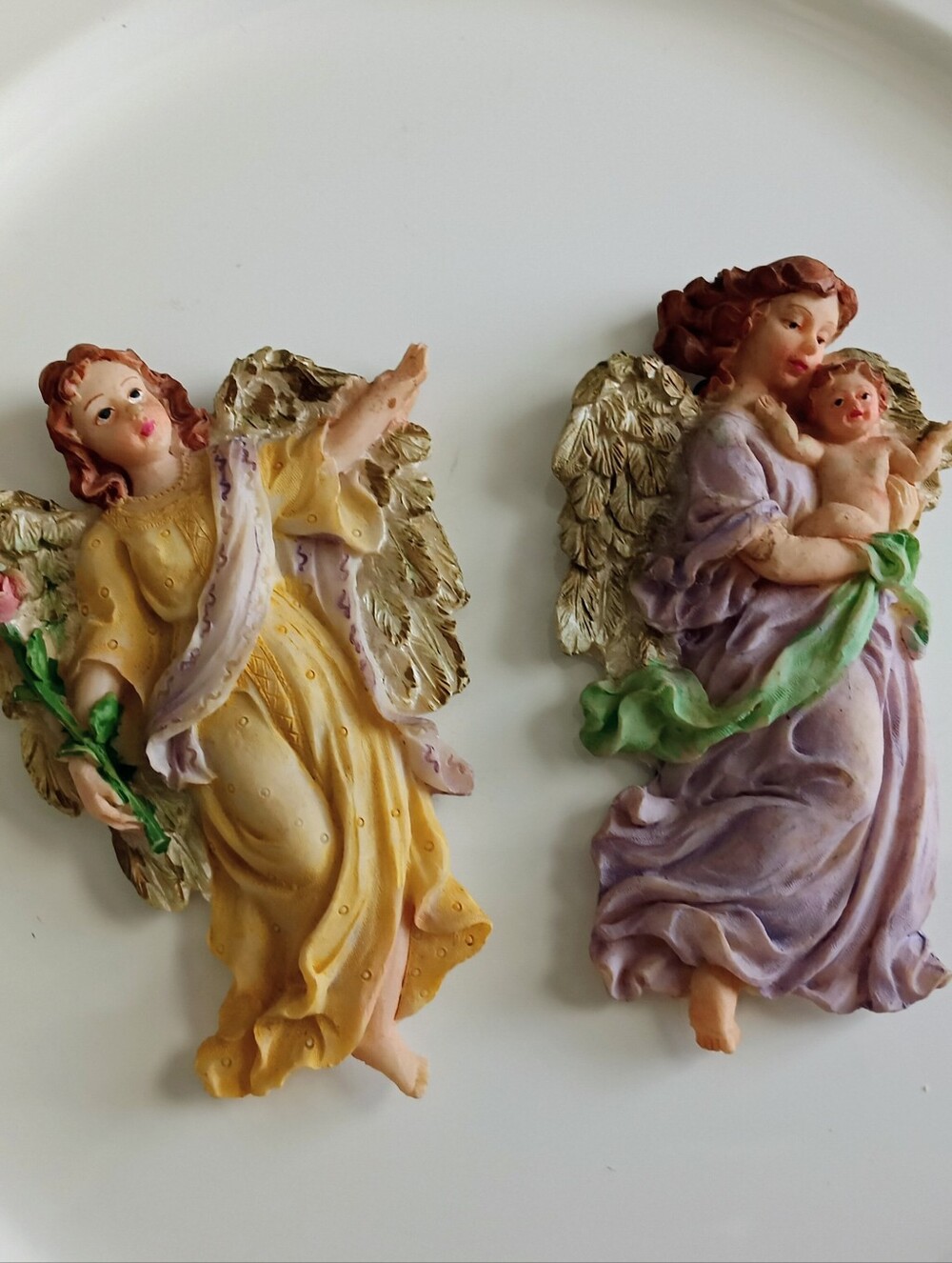 2 Vintage Large Ceramic Yellow & Lavender Angel Refrigerator Magnets
